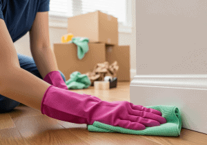 Person cleaning hardwood floor with green cloth, moving boxes in background.