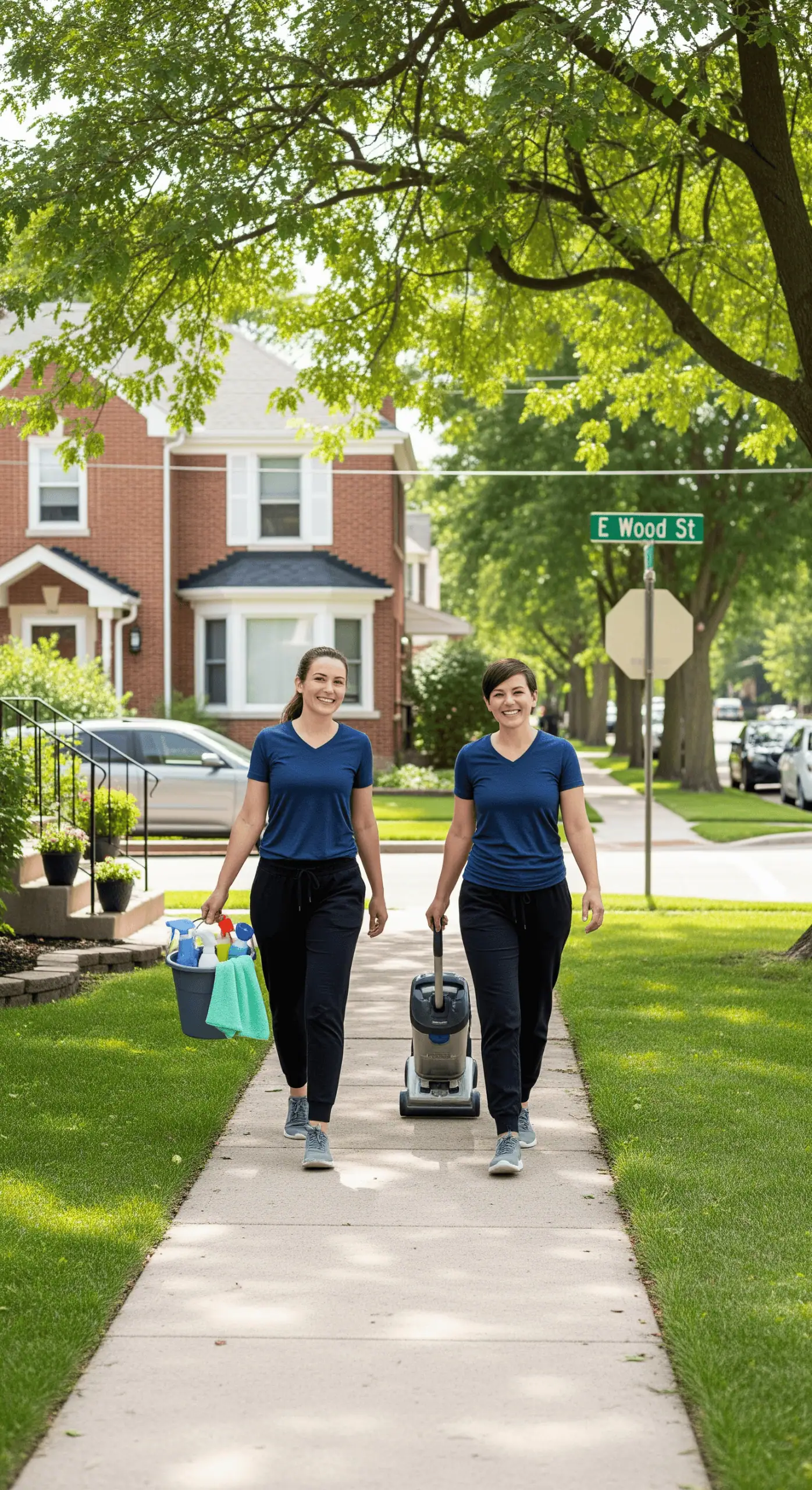 Two professional cleaning staff walking with cleaning equipment in a residential neighborhood.