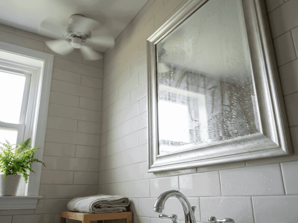 Bathroom Moisture and Condensation That Causes Mold Growth - Upstairs Downstairs Cleaning Service Close-up of a bathroom mirror with light condensation and water droplets on tile in a Chicago suburban home, showing how moisture buildup leads to mold.