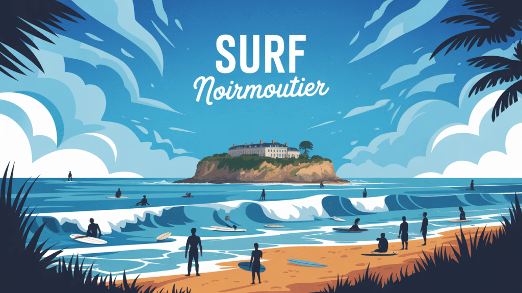 illustration noirmoutier surf avec surfeurs et plage