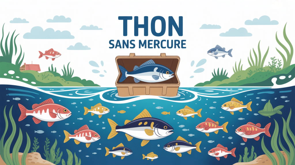 Illustration thon sans mercure boîte de thon et poissons listao