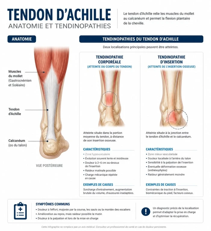 Schéma anatomique des douleurs au tendon d'Achille : tendinopathie corporéale et d'insertion