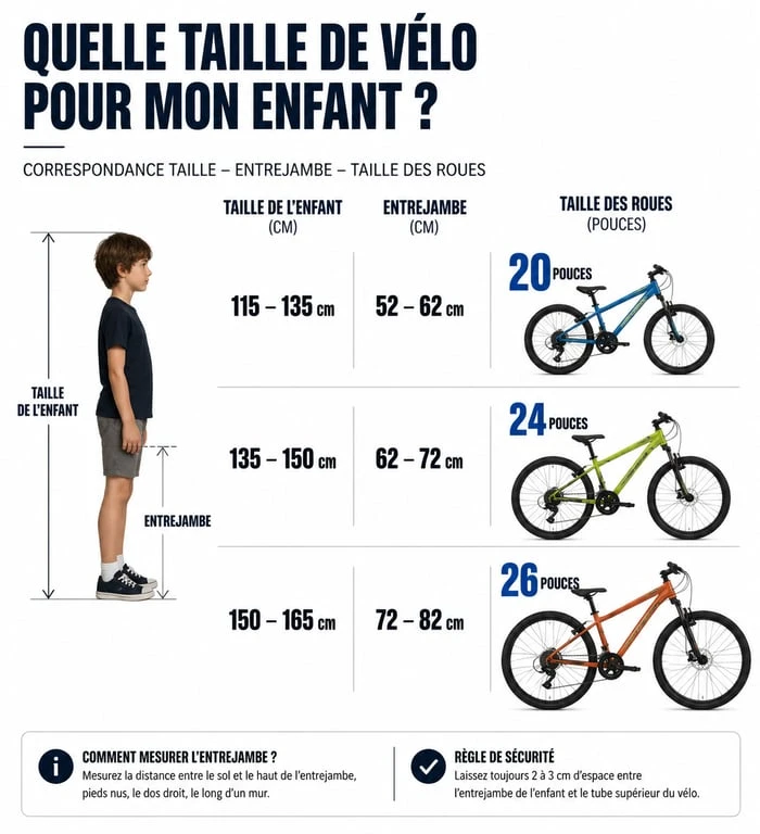 Tableau de correspondance taille enfant et taille de vélo en pouces pour choisir le bon vélo à 8 ans