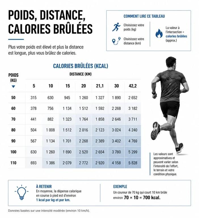 Infographie sur la dépense calorique en course à pied selon le poids et la distance