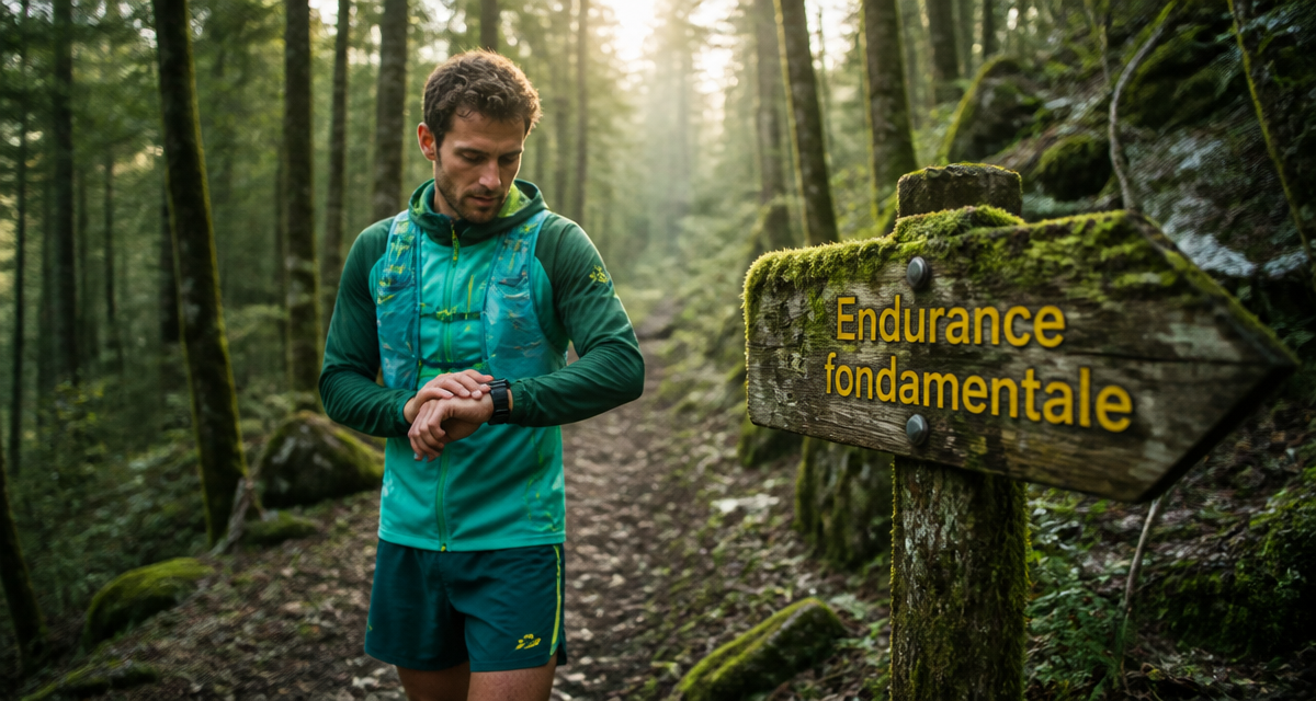 coureur vérifie frequence cardiaque endurance fondamentale en foret