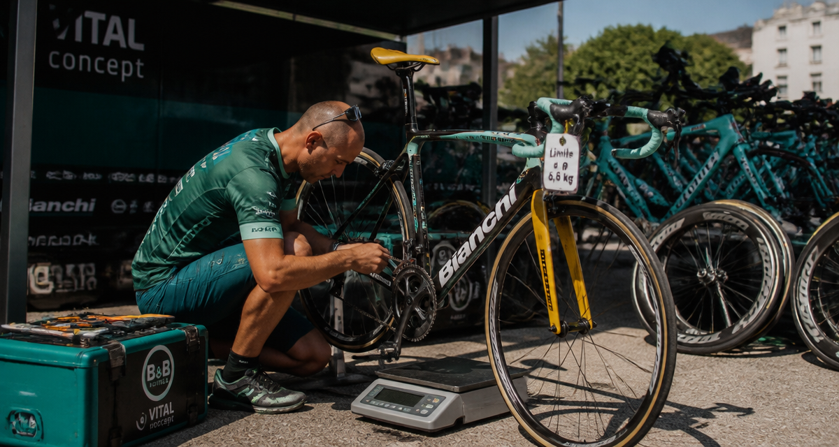 poids vélo tour de france mécanicien balance
