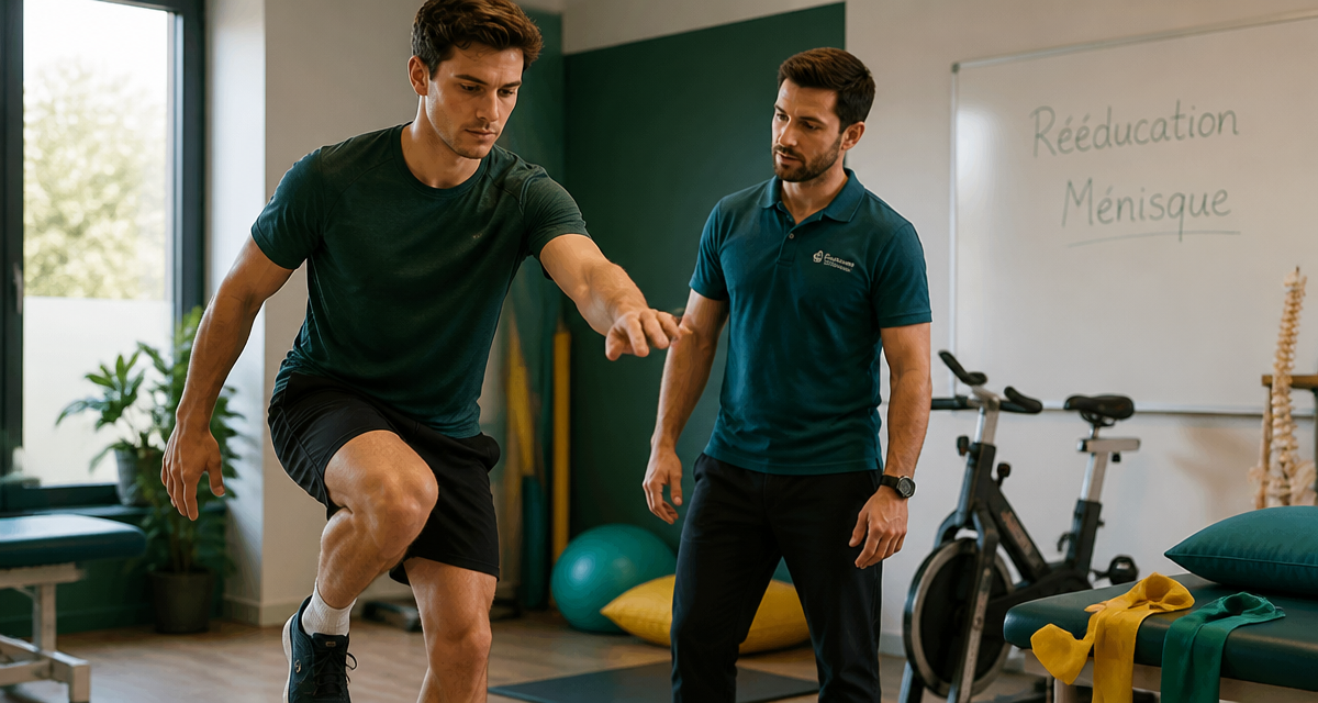 Rééducation ménisque non opéré jeune homme exercice