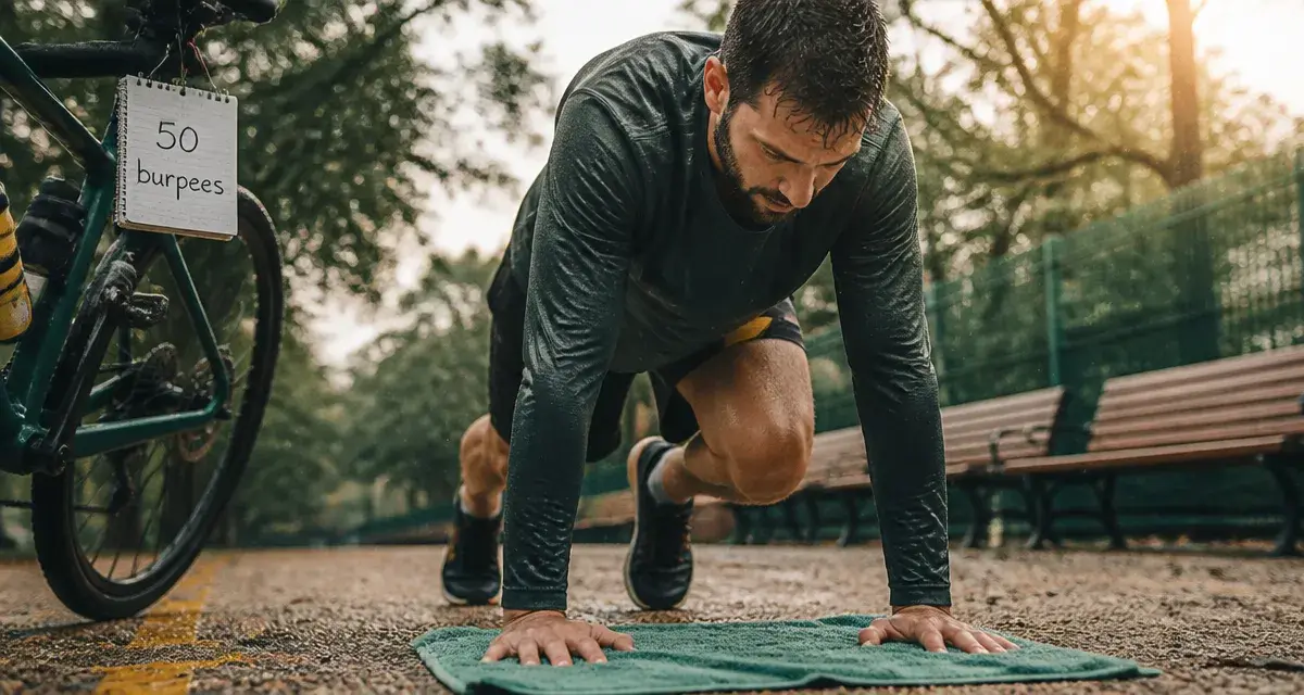 50 burpees par jour avant apres : homme en burpees dans un parc