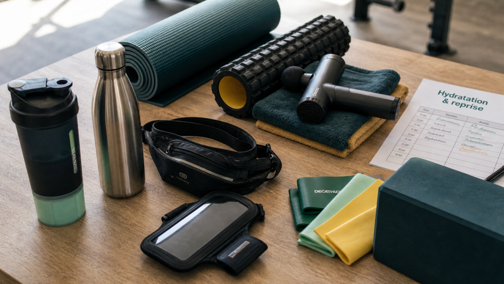 Accessoire pour sport : gourde, shaker et ceinture de running