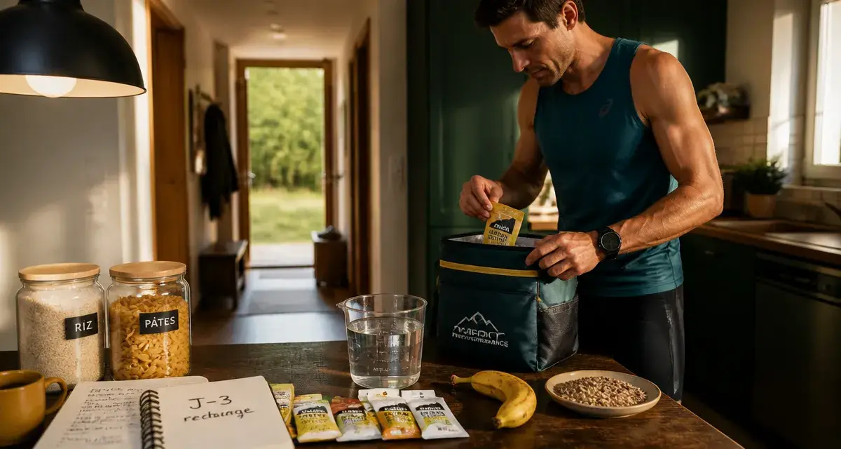 Alimentation pour un marathon : recharge J-3, gels, eau et repas avant la course