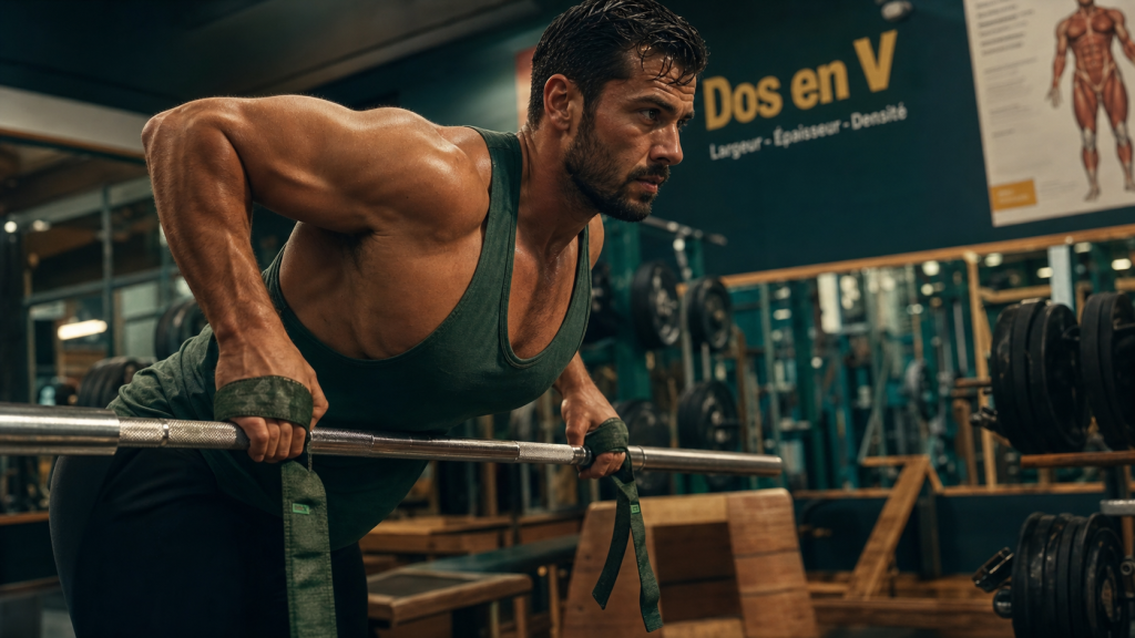 Dos musculation : rowing barre buste penché, dos gainé, coudes tirés