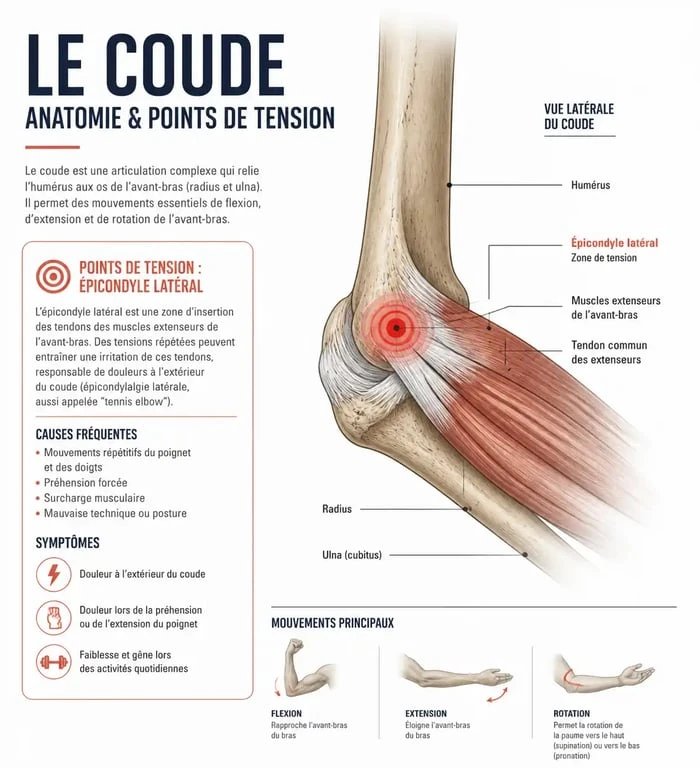 Schéma anatomique des points de tension de l'épicondylite et mouvements à éviter pour le coude