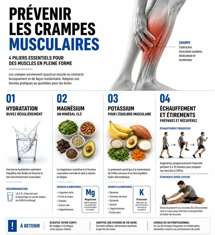 Infographie sur les conseils pour savoir comment éviter les crampes musculaires au quotidien