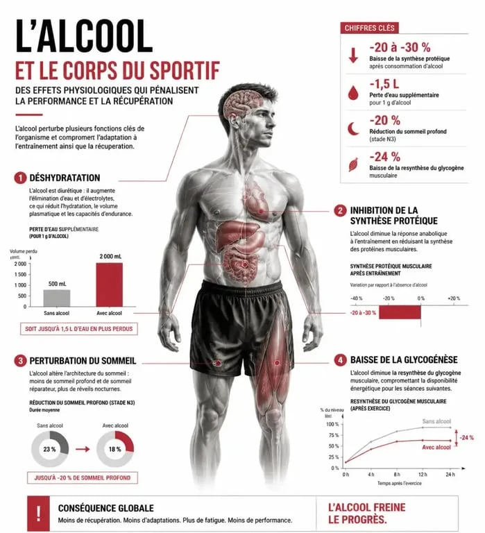 Infographie sur les effets physiologiques de l'alcool et le sport sur la performance et la récupération