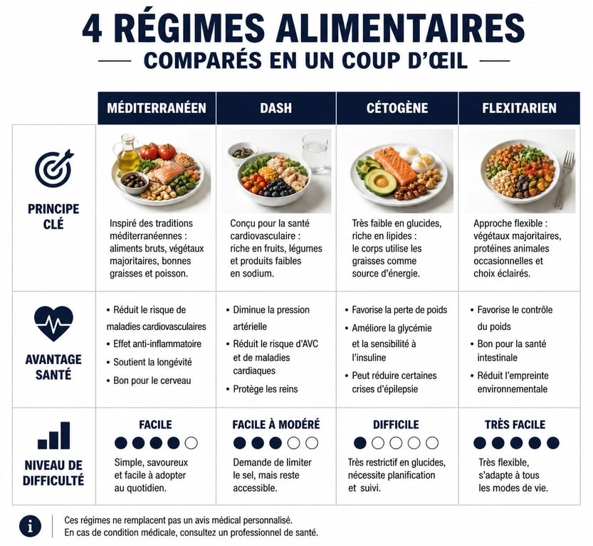 Infographie comparative des régimes alimentaires pour perdre du poids : Méditerranéen, DASH, Cétogène et Flexitarien.