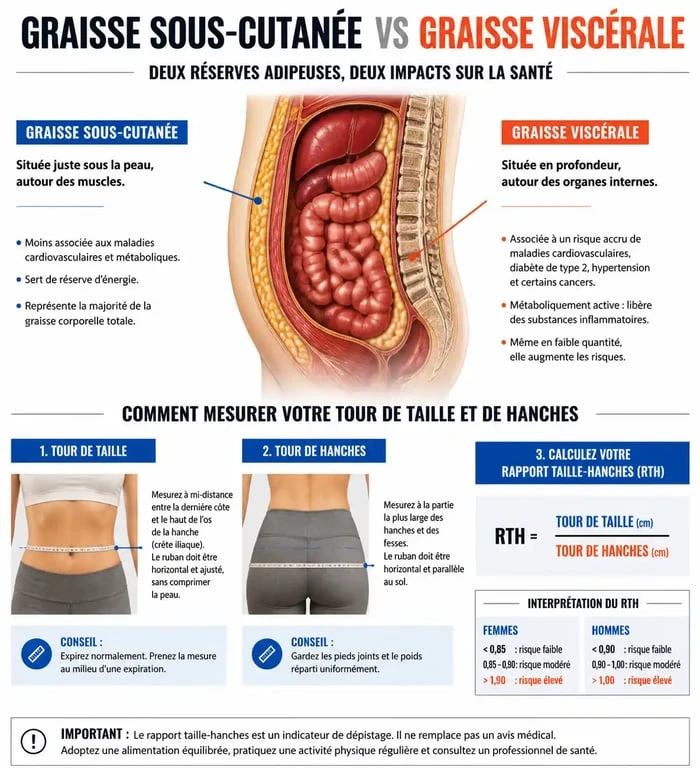 Infographie explicative sur la graisse viscérale et le calcul du rapport taille-hanches pour maigrir du ventre
