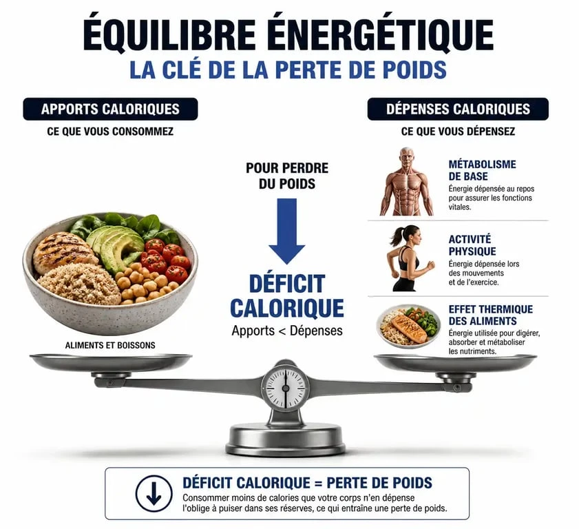 Infographie illustrant le concept de déficit calorique pour la meilleure application pour maigrir gratuite