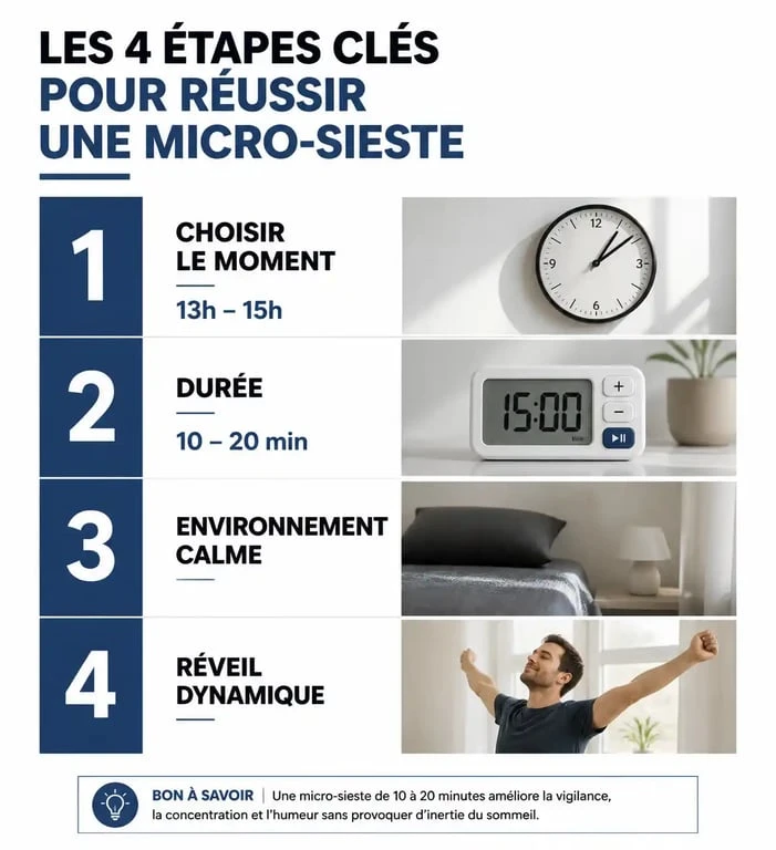 Infographie illustrant les étapes pour réussir une micro-sieste efficace pour améliorer la vigilance et la concentration.