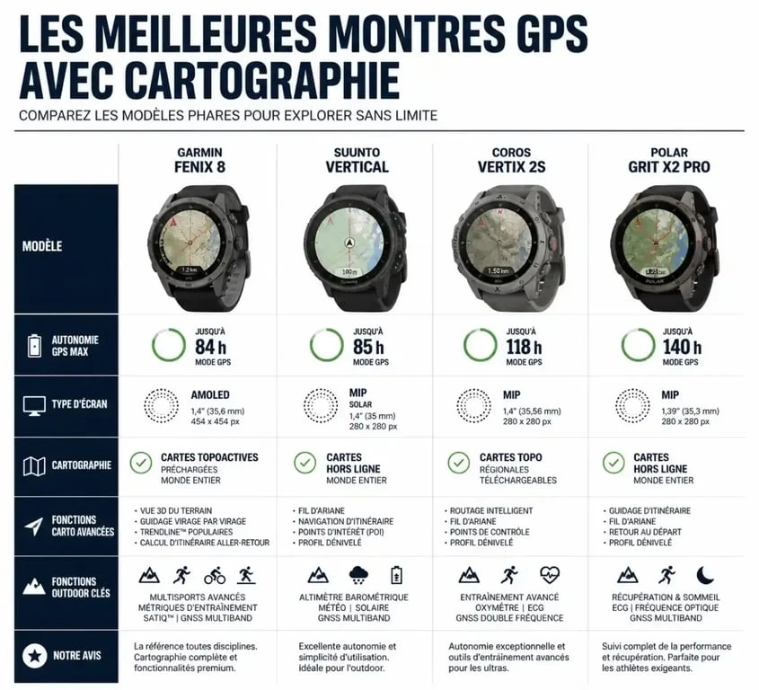 Comparatif des meilleures montres GPS avec cartographie : Garmin, Suunto, COROS et Polar