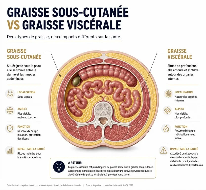 Schéma anatomique illustrant la différence entre la graisse sous-cutanée et la graisse viscérale pour mieux comprendre comment perdre la graisse viscerale.