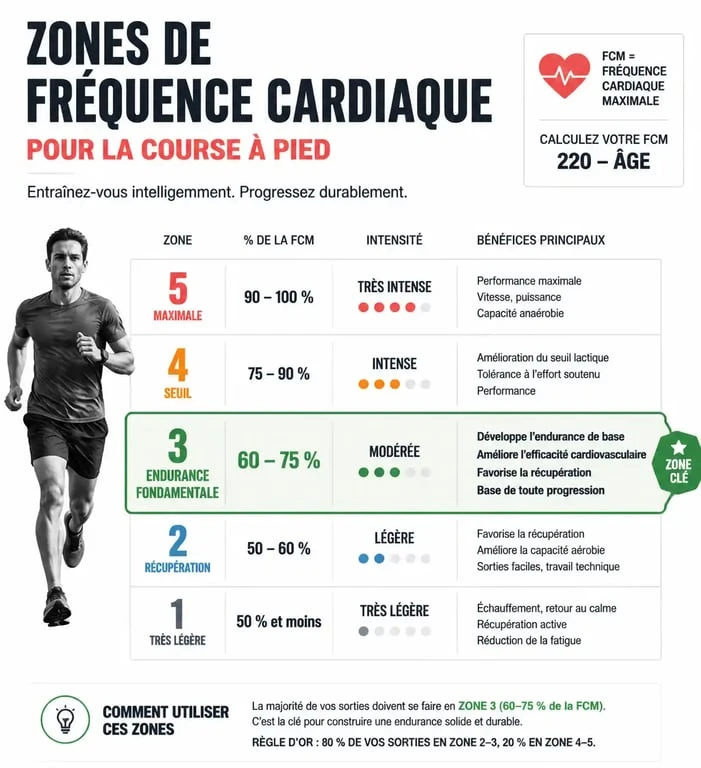 Infographie des zones de fréquence cardiaque pour calculer son endurance fondamentale en course à pied