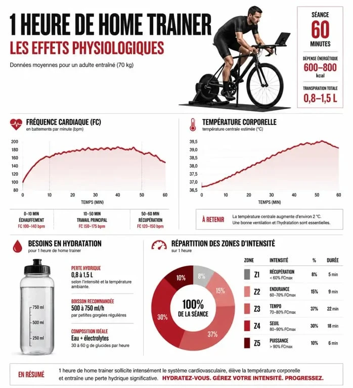 Infographie sur les effets physiologiques d'une séance de 1h de home trainer et conseils de pratique