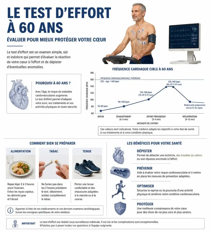 Infographie sur le test d'effort à 60 ans : préparation, fréquence cardiaque cible et déroulement de l'examen