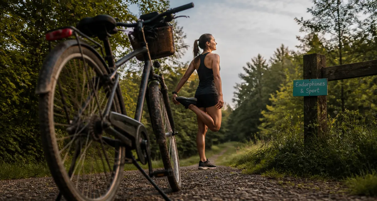 Hormone du bonheur sport : coureuse près d’un vélo, fin d’après-midi au parc