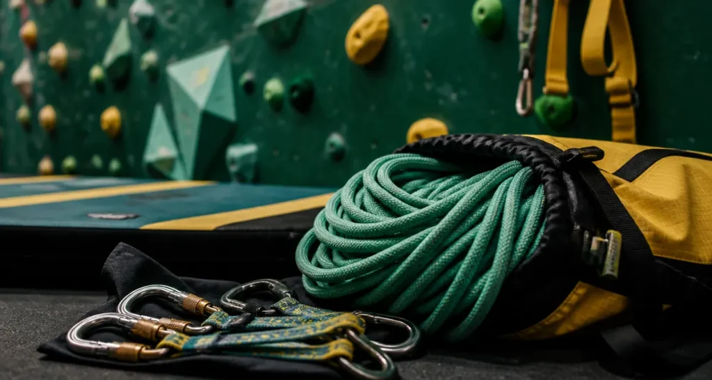 Materiel escalade : corde, crash pad et mousquetons pour la sécurité