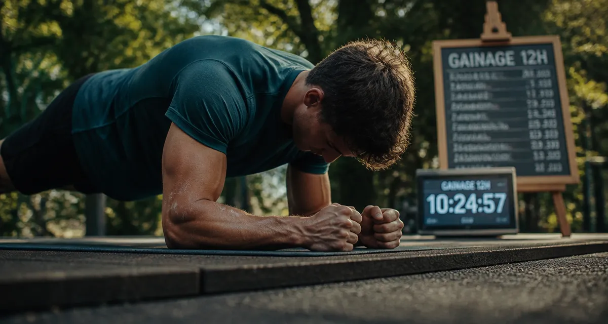 Record monde gainage homme : athlète en gainage avant-bras, tableau 12H