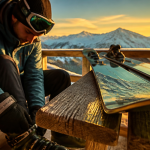 Ski de descente sur terrasse de chalet, équipement en gros plan