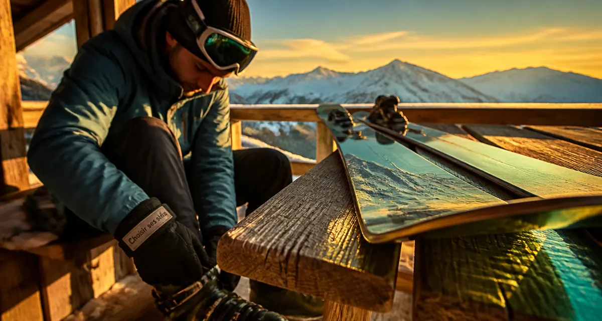Ski de descente sur terrasse de chalet, équipement en gros plan