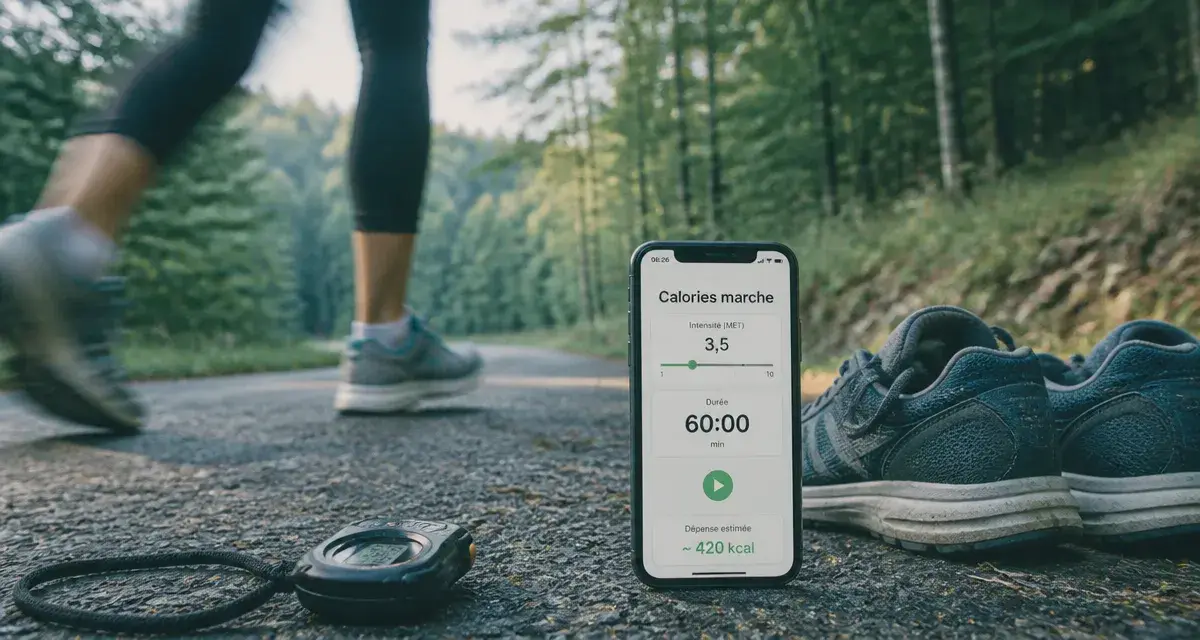 1h de marche calorie : 200 à 400 kcal, baskets et chronomètre