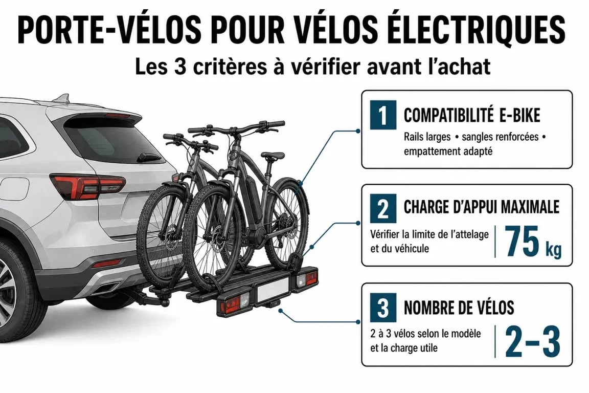 Porte vélos electrique : infographie comparant compatibilité e-bike, charge d’appui maximale et nombre de vélos