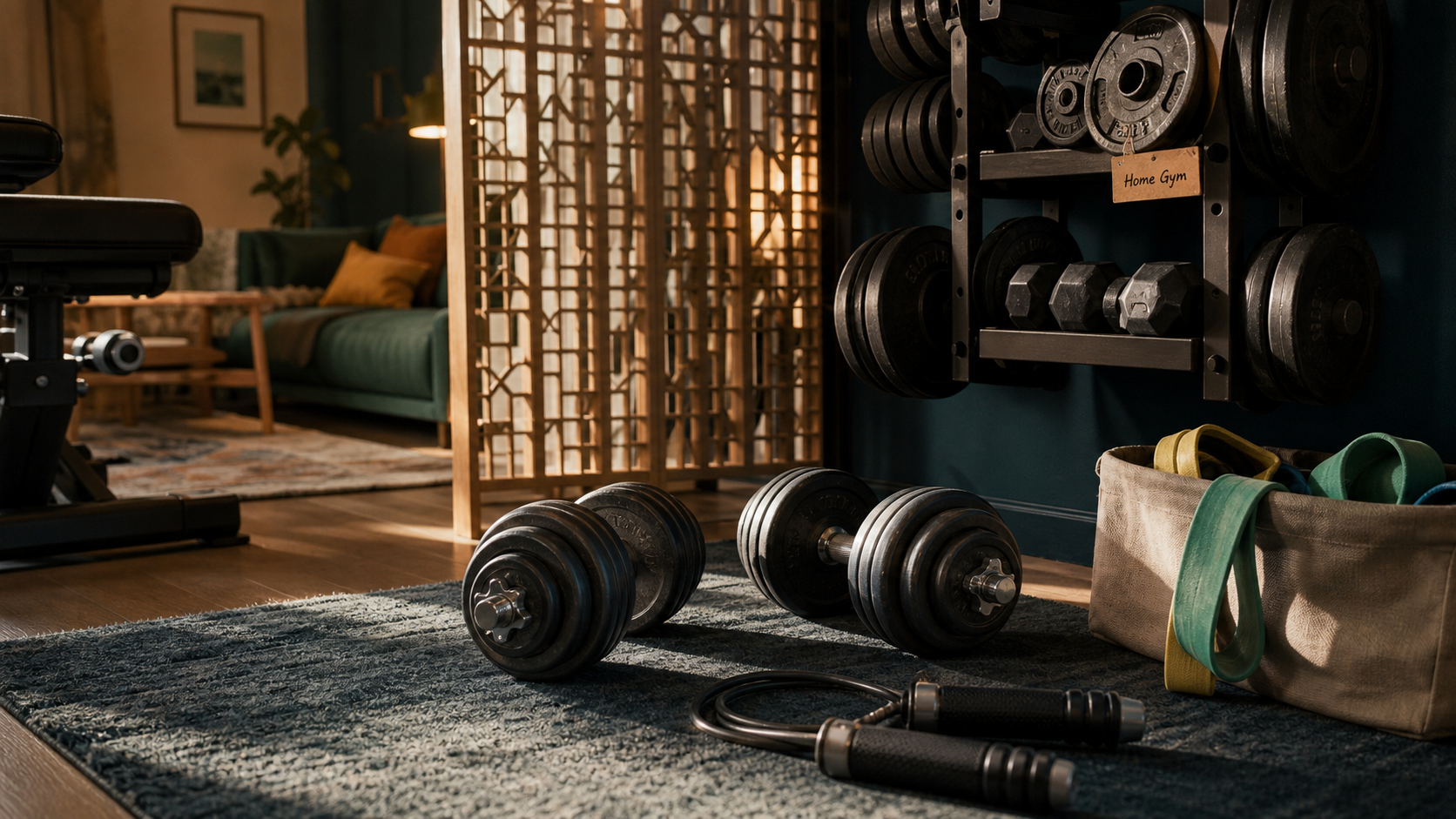 Materiel sport maison : tapis, haltères et corde à sauter pour home gym compact