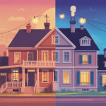 Image contrastant maison sombre et maison éclairée par l'électricité