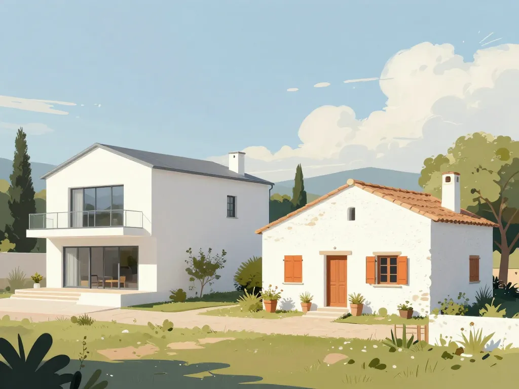 trois styles de les maisons blanches sur paysage ensoleillé