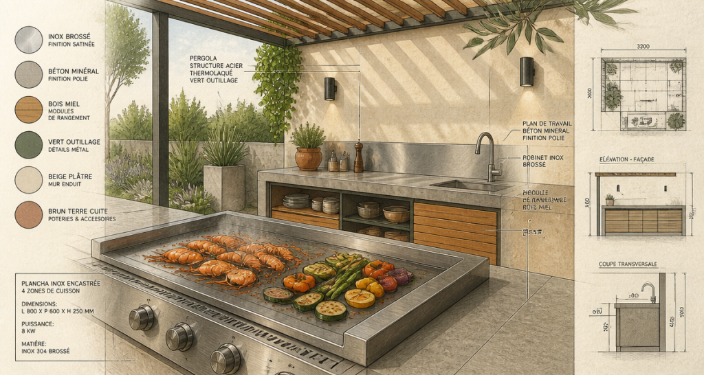 Barbecue cuisine extérieure inox béton plancha gambas