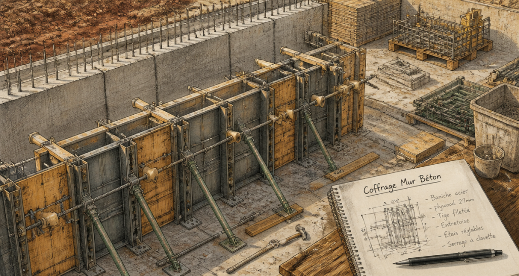 Coffrage mur béton avec accessoires sur chantier