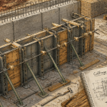 Coffrage mur béton avec accessoires sur chantier