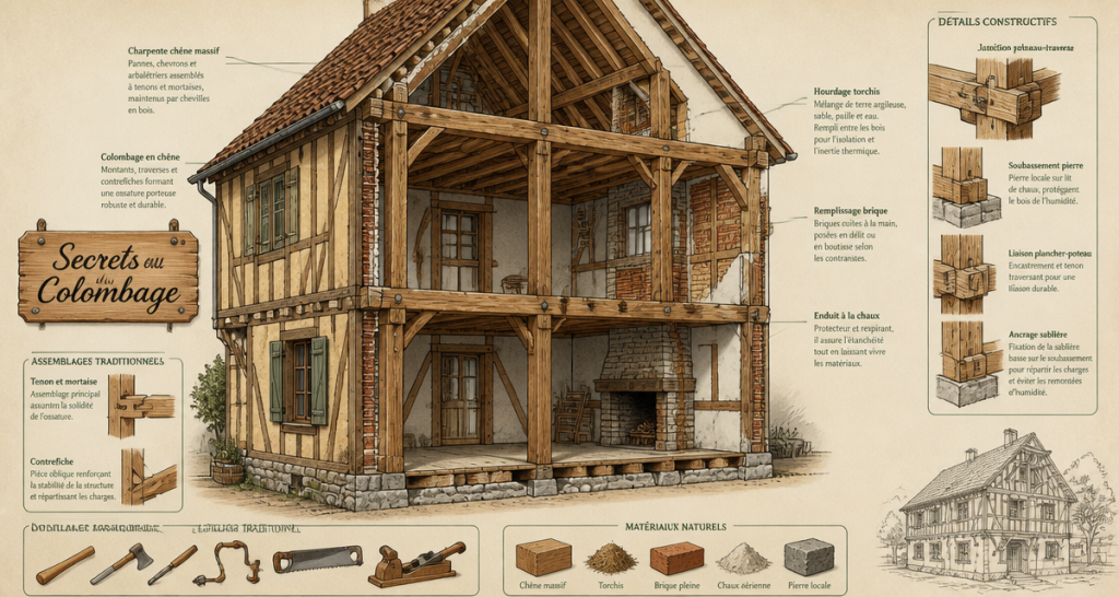 colombage maison coupe technique ossature brique