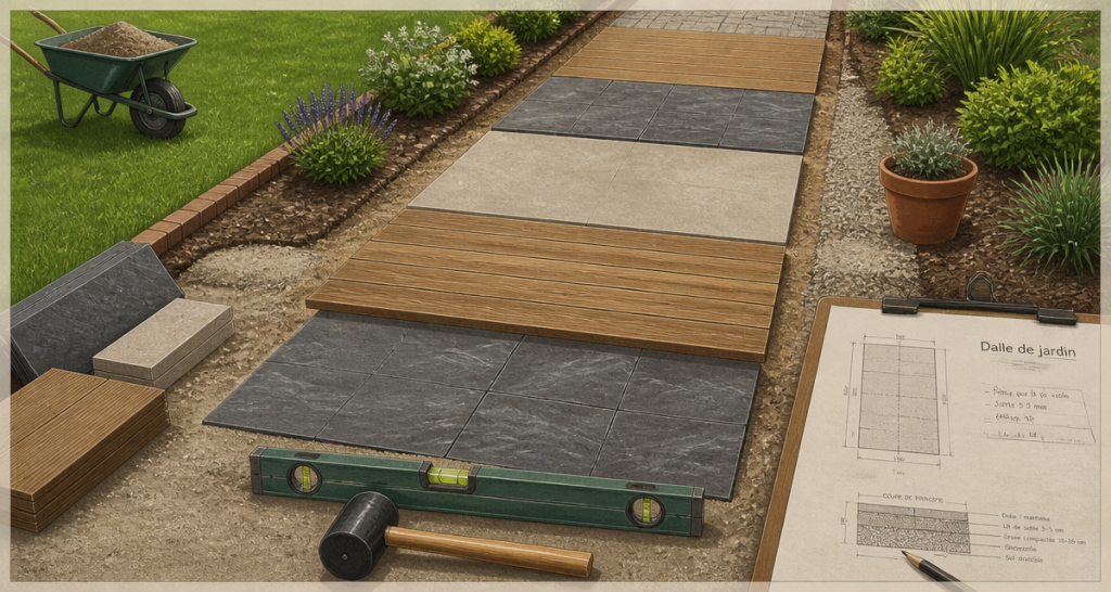 dalle allee de jardin pose outils materiaux