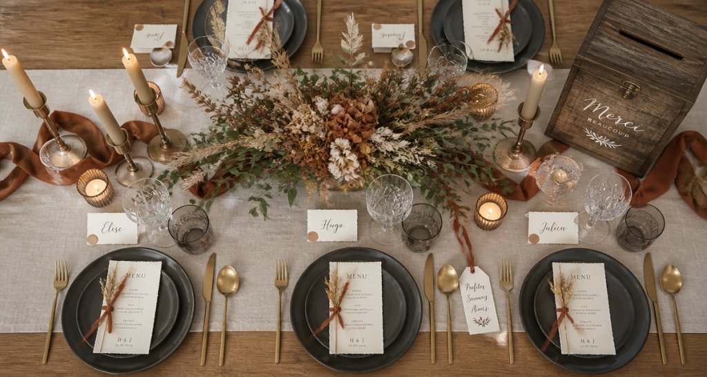 Decos de mariage table champetre avec fleurs et bougies