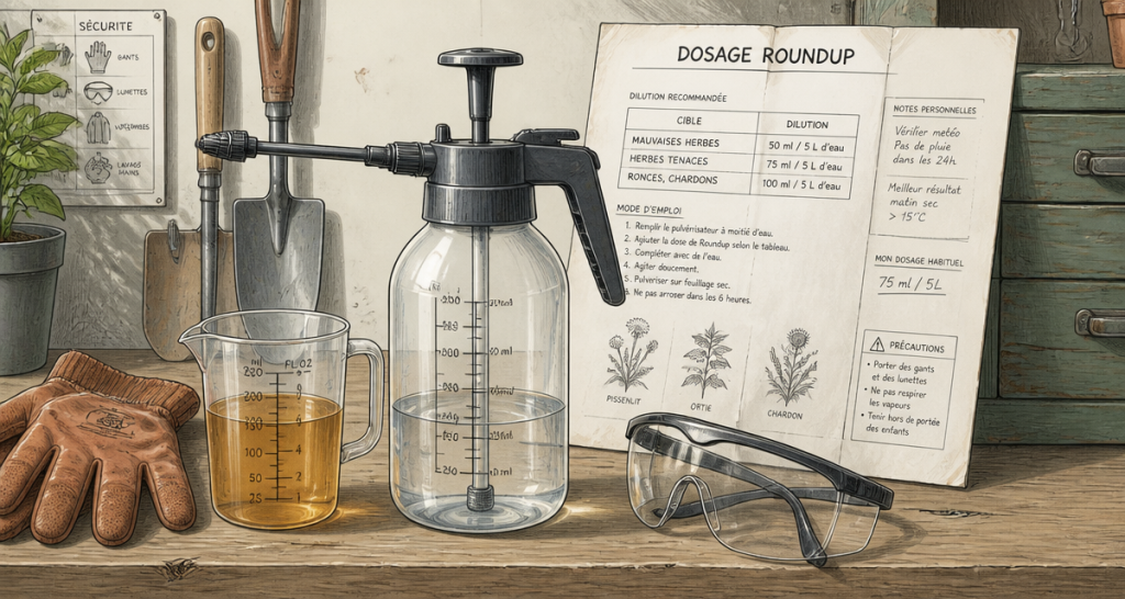 dosage roundup pulvérisateur et gobelet doseur