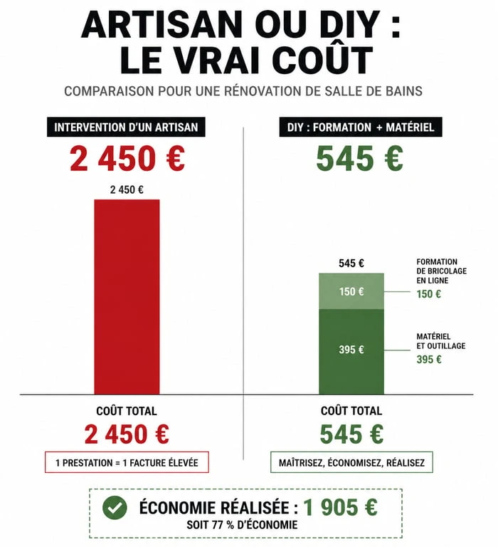 Infographie comparative : coût d'un artisan vs coût d'une formation bricolage Le Lab du Bricoleur pour des travaux de rénovation.