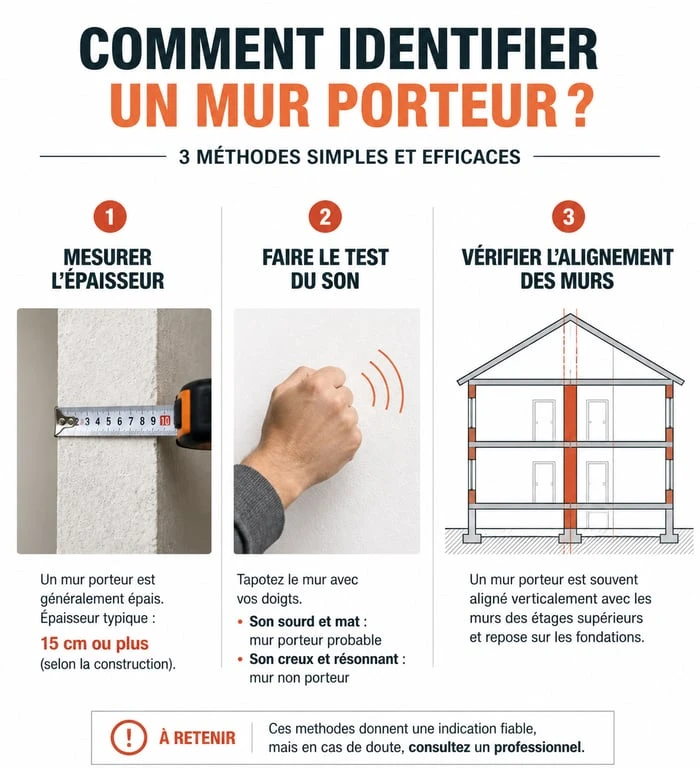 Infographie des méthodes pour reconnaître un mur porteur : épaisseur, test du son et alignement structurel
