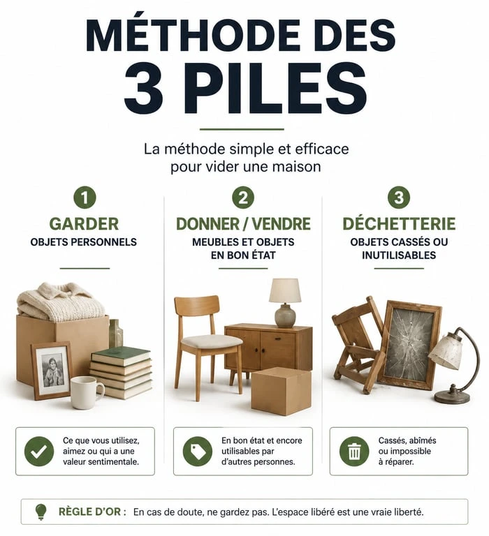 Méthode de tri en trois piles pour vider une maison efficacement