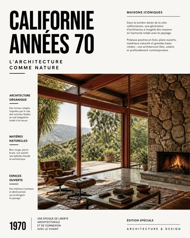 Intérieur et architecture d'une maison californienne des années 70 avec baies vitrées et matériaux naturels