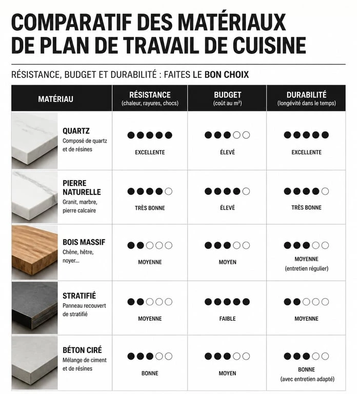 Comparatif des matériaux pour revêtement de plan de travail cuisine : stratifié, Dekton, adhésif, résine et bois.