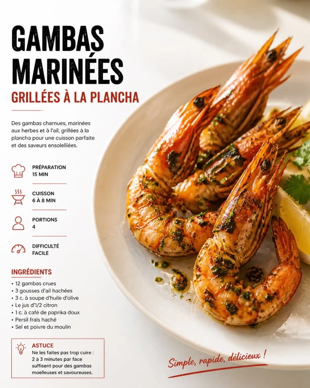 Gambas marinées grillées à la plancha pour cuisine extérieure